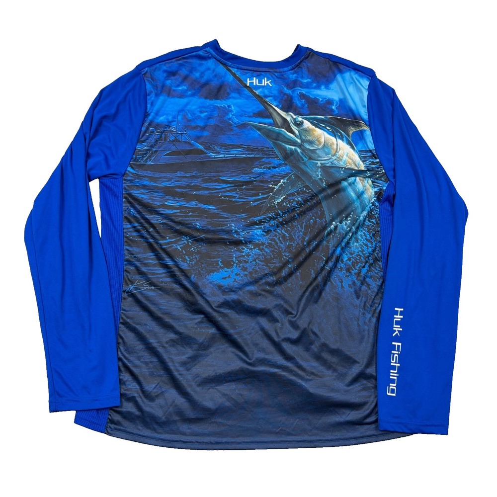 Huk Shirt Men XL Blue Tee Quick Dry Performance Wicking Fishing Marlin Adult